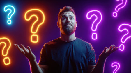 A man stands in digital space with neon question marks floating around him, symbolizing confusion and the quest for solutions.の素材