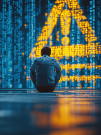 A man sits in a dark room, focused on a screen filled with error messages, indicating a system crash or data problem illuminated by blue light.の素材
