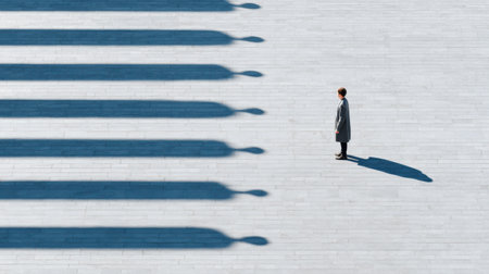 A person stands confidently in a line of identical shadows, highlighting the struggle for individuality in a minimalistic urban environment.の素材