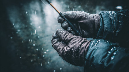 Hands in gloves grip a fishing rod above an ice hole surrounded by snow, showing the chill of a frosty winter day.の素材