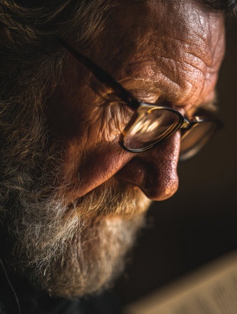 An elderly man with a beard reads a book intently through his glasses, surrounded by warm tones and engaged in quiet reflection.の素材
