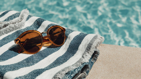 Brightly colored sunglasses are placed on a striped towel beside a clear, inviting pool, capturing the essence of summer relaxation.の素材