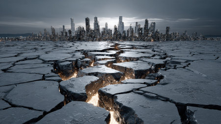 Cracked ground reveals a futuristic city rebuilding, highlighting recovery and resilience following a significant data glitch setback.の素材