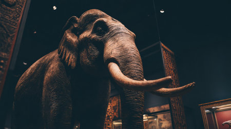 This impressive elephant statue is showcased in a museum, illuminated by warm light, representing rich cultural heritage and artistry.の素材