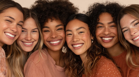 Six diverse women smile brightly together, showing their radiant skin and joy, captured in a harmonious moment against a neutral background.の素材