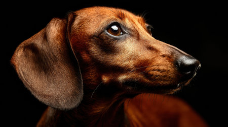 A dachshund looks sideways with a curious expression, bathed in warm portrait lighting that highlights its elegant coat and features.の素材