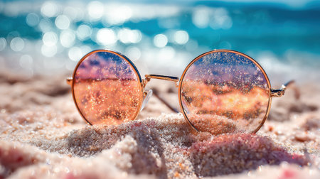 Sun-kissed sunglasses lay on warm sand, reflecting the vibrant ocean waves and creating a relaxed summer atmosphere.の素材