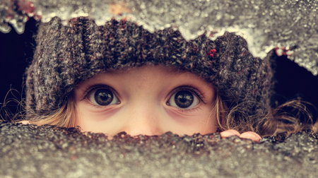 A child with wide eyes looks into an ice hole, showing a sense of wonder and curiosity in a cozy winter setting.の素材