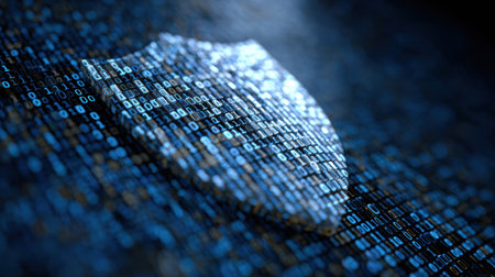 The design features a prominent shield symbol on a background of flowing binary code, representing cybersecurity and data protection.の素材