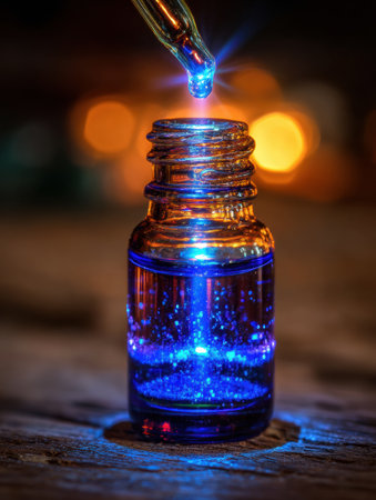 A vibrant light beam shines through the crystal serum bottle, creating captivating reflections and colorful highlights in a dark environment.の素材