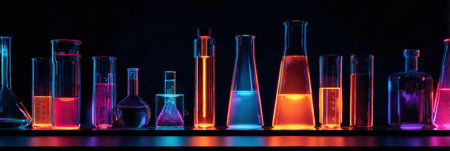 Colorful lab glassware filled with luminous liquids stands on a shelf, highlighting cutting-edge scientific research and discovery in a lab.の素材