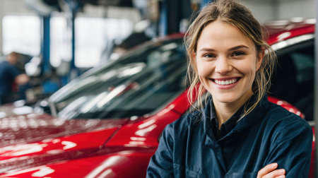 A cheerful female driver stands proudly with her serviced car in a bright workshop filled with professional mechanics ready to assist.の素材