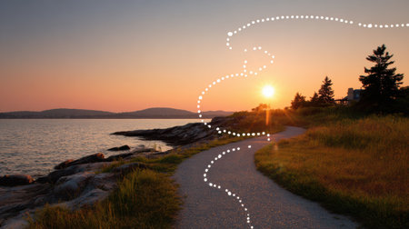 Scenic coastal trail showcases a beautiful sunrise, featuring a dotted route line and placeholders for pricing in a serene setting.の素材