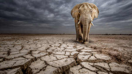An elephant strides across cracked, parched ground under a cloudy sky, symbolizing climate change challenges.の素材