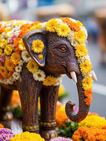 A beautifully crafted elephant statue is covered in bright flowers, symbolizing a sacred ritual celebration in an outdoor location, filled with joy.の素材