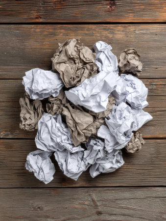 A collection of crumpled papers scattered on a wooden table symbolizes the struggle with creative block and problem-solving frustration.の素材