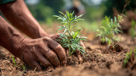 Close-up view of hands carefully planting a sapling into reclaimed land, showcasing the effort to restore nature and enhance greenery in the areaの素材