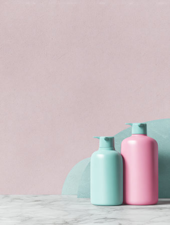 Brightly colored dermocosmetic bottles sit on a marble counter against a pastel background, showing a clean and modern beauty setup.の素材
