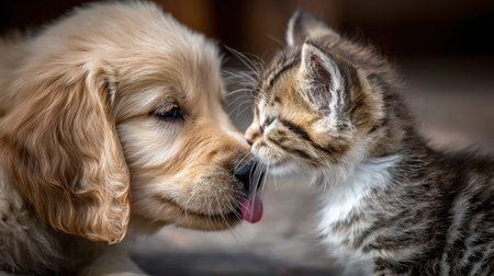 A joyful puppy leans in to lick a kitten on the nose, sharing an adorable moment in a warm environment filled with love.の素材