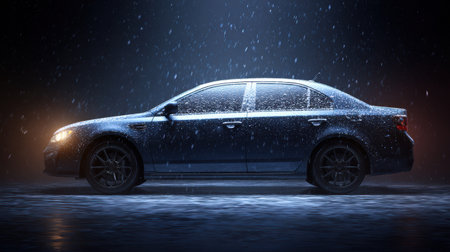 Sedan cars outline stands out against snowfall, showcasing a serene winter scene illuminated by soft lights at nighttime.の素材