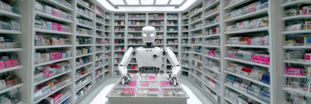 In a modern pharmacy, a robot pharmacist neatly arranges various medicine packs on shelves, showing advanced technology in healthcare.の素材
