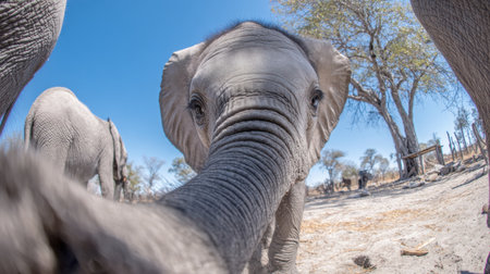 A young elephant reaches its trunk toward the camera, showing a playful and curious nature in its natural habitat in Botswana.の素材