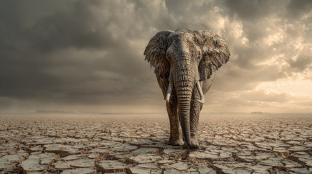 An elephant moves across parched, cracked ground as dark clouds gather overhead, illustrating the harsh effects of climate change on wildlife.の素材