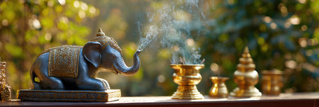 An elephant statue stands at the entrance of a temple, surrounded by incense smoke and bathed in beautiful golden light, enhancing the atmosphere.の素材
