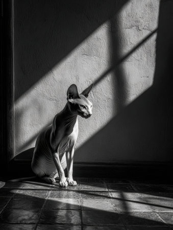 A sphynx cat sits quietly in sunlight, highlighting its unique features and casting strong shadows on the floor.の素材