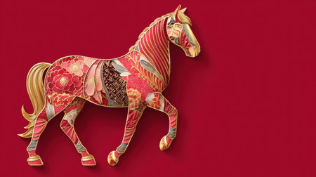 A golden horse adorned with traditional patterns stands out against a rich red background, symbolizing Chinese New Year 2026 celebrations.の素材