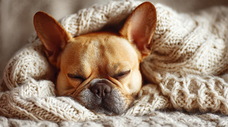 A French bulldog sleeps peacefully, snuggled in a soft blanket, creating a warm and cozy atmosphere at home.の素材