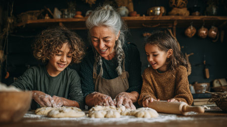 Joyful grandmother shares a delightful cookie baking experience with her grandchildren, creating lasting memories in a warm kitchen.の素材