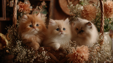 A kitten and puppy sit together in a basket filled with flowers, creating a cozy spring atmosphere in soft, warm light.の素材