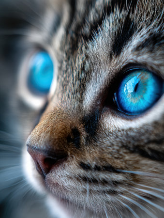 Close-up view captures the piercing blue eyes of a playful kitten, with soft focus enhancing its delicate features and whiskersの素材