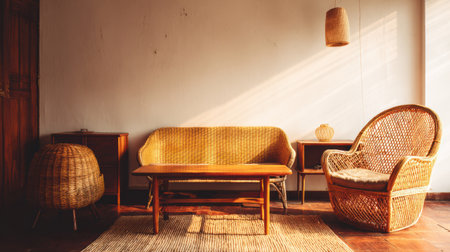 This vintage living room showcases 1970s rattan furniture bathed in warm natural light, creating a cozy and inviting atmosphere.の素材