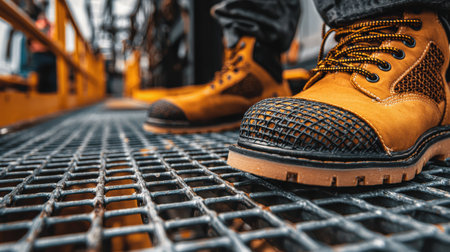 Sturdy work boots rest on textured metal grating, highlighting industrial setting filled with the energy of construction activity.の素材