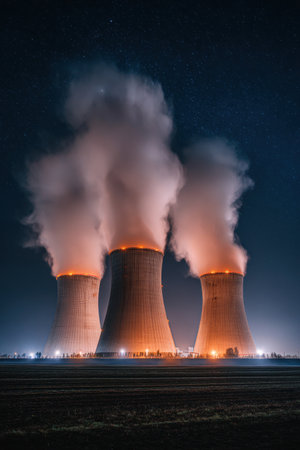 Three cooling towers glow at night, releasing steam into the cool air while a starry sky forms a stunning backdrop.の素材