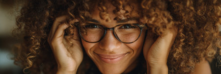 A woman with curly hair grins while gently touching the rim of her glasses, showing a cheerful expression and vibrant personality.の素材