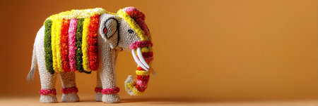 An intricately decorated elephant stands out in bright colors celebrating the Onam festival, showcasing artistic floral patterns and symmetry.の素材