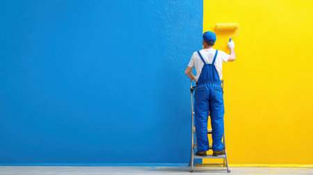 Professional painter in uniform carefully applies yellow paint to a wall, creating a bright and colorful renovation alongside blue sections.の素材