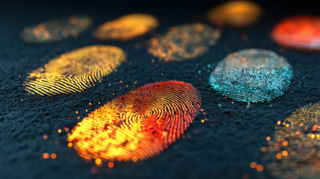 Fingerprints shimmer with bright colors on a dark background, showing a modern concept of security and personal identification solutions.の素材