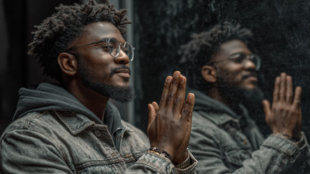 A man stands before a mirror, smiling gently at his reflection, embodying a sense of self-acceptance and inner peace in a quiet space.の素材