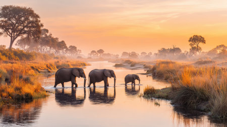 Elephants move gracefully along the riverbank as the sun rises, creating a tranquil scene filled with natural beauty.の素材