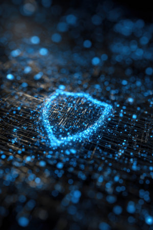 Bright blue shield represents strong security in a digital environment, showcasing binary code flowing smoothly across a dark background.の素材