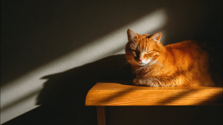 A cozy orange cat basks in soft sunlight, exuding tranquility while resting on a wooden ledge against a plain wall.の素材