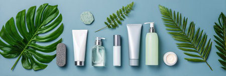 Skincare products are neatly arranged on a blue background, accompanied by fresh green leaves to create a natural beauty scene.の素材