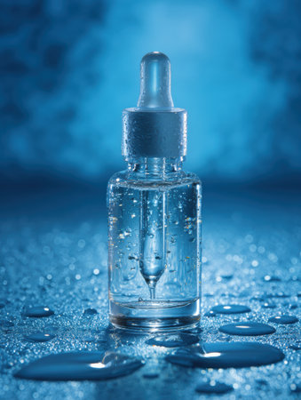 Clear serum bottle with condensation sits on a textured surface, reflecting soft blue light and creating an inviting atmosphere.の素材