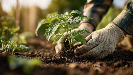 Hands in gloves gently place a young plant into rich soil, symbolizing commitment to sustainable gardening and nurturing nature.の素材
