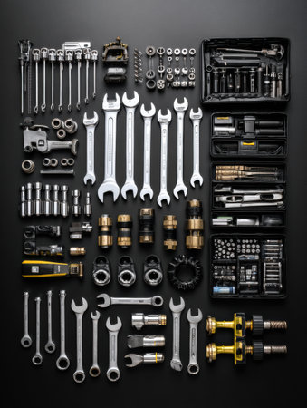 Flat lay arrangement of various car service tools on a black matte surface, ideal for automotive repair and maintenance tasksの素材