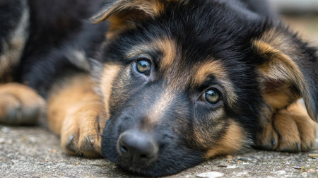 A puppy with sad eyes lies with its head resting on its paws, bringing a sense of tranquility. The soft background enhances its expressive gaze.の素材